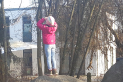 Ein Kind steht auf einem Felsen in einem Park und schaut fröhlich in die Ferne.
