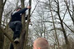 Futterstelle wird am Baum festgemacht.